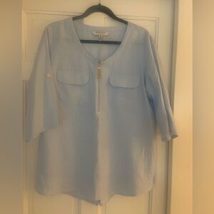 Ellen Tracy Light Blue Linen Blouse with Gold Zipper